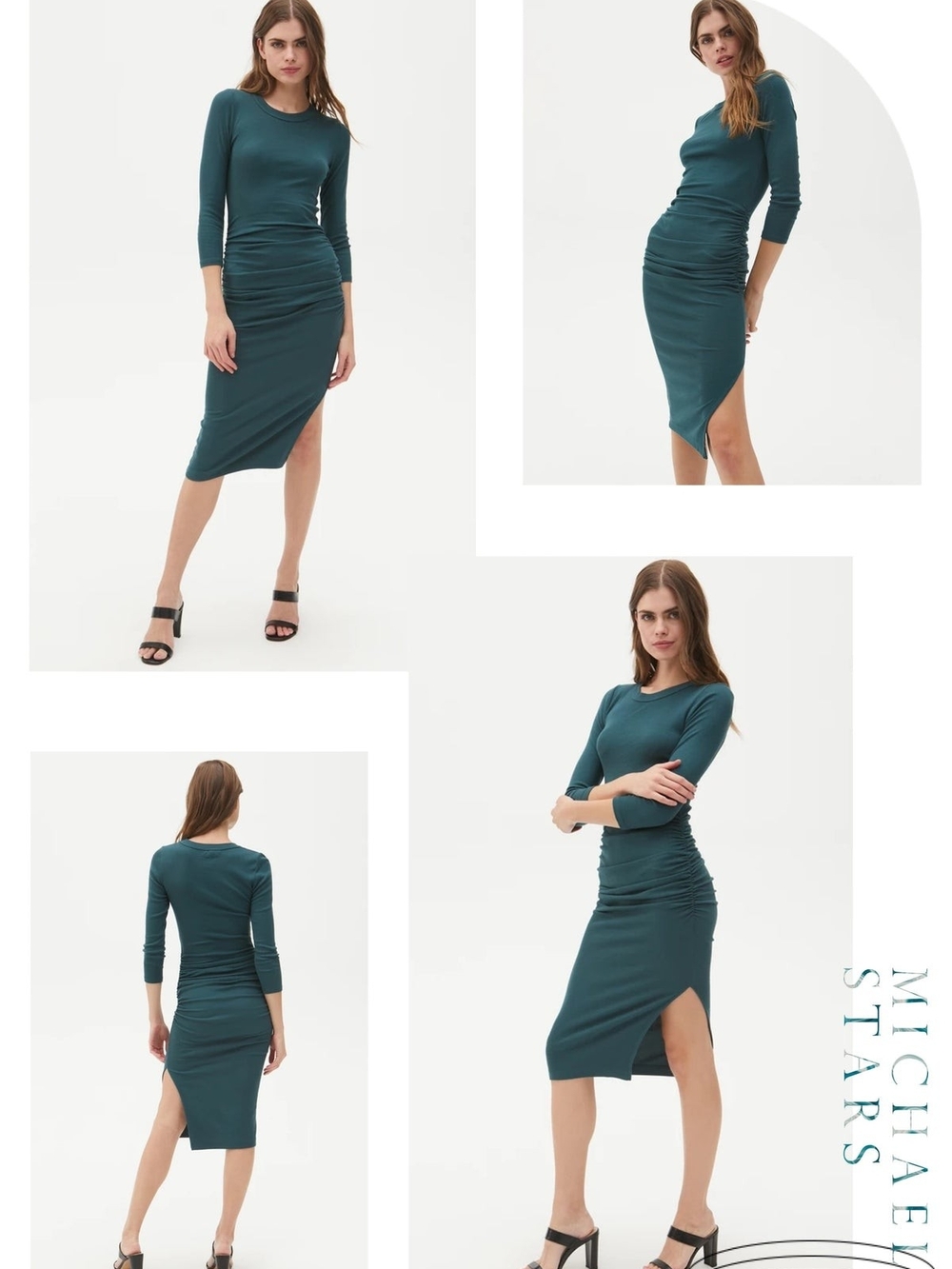 Michael Stars Ribbed Midi Dress Blue-Green 3/4 Sleeve Side Slit Size Small